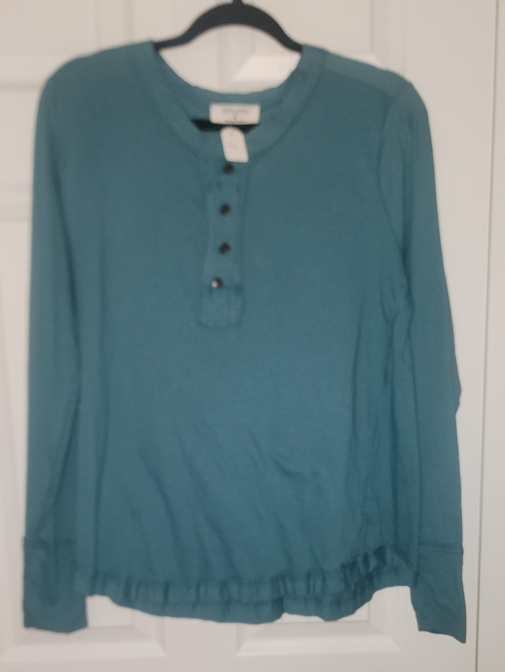 Zenana Outfitters Teal Long-Sleeve Henley with Ruffle Hem